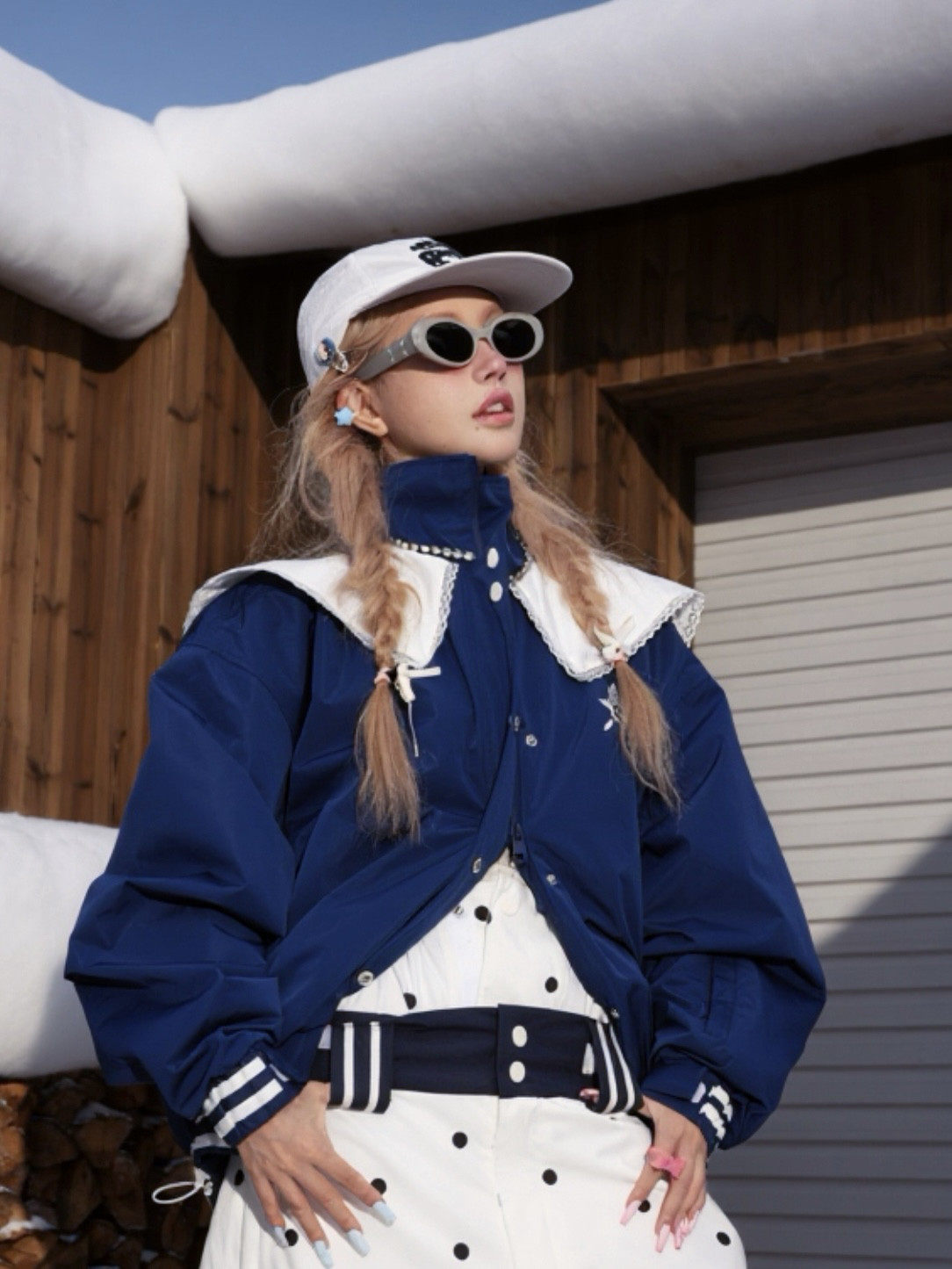 25-26秋冬限定 スノーボードウェア 上下セット スノボウェア スキーウェア 青 白ドット柄 ユニセックス SN004