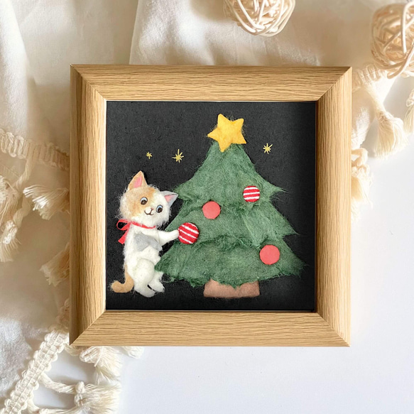 ［原画］和紙ちぎり絵『クリスマスツリーとネコ』冬を彩る小さなインテリアアート 2枚目の画像