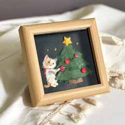 ［原画］和紙ちぎり絵『クリスマスツリーとネコ』冬を彩る小さなインテリアアート 1枚目の画像
