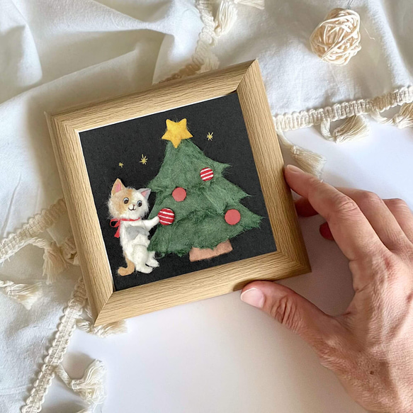 ［原画］和紙ちぎり絵『クリスマスツリーとネコ』冬を彩る小さなインテリアアート 5枚目の画像