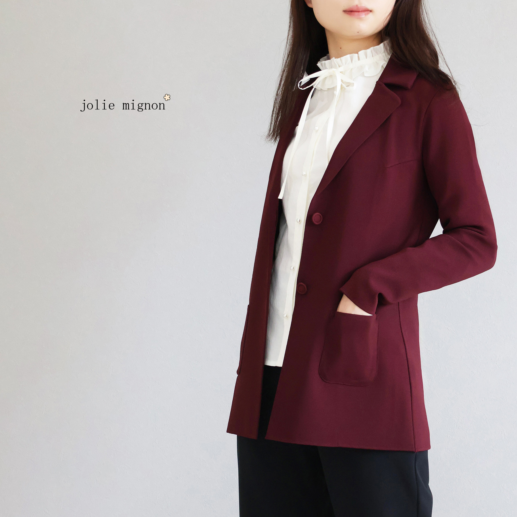 【自宅で洗濯可能】ミラノリブ編み テーラードニットジャケット【チェリーラッカー】