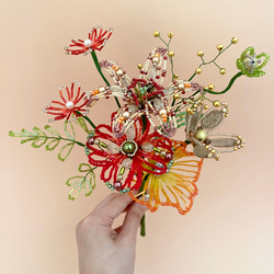 ビーズフラワー　ブーケ（レッド／オレンジ／グリーン） 5枚目の画像
