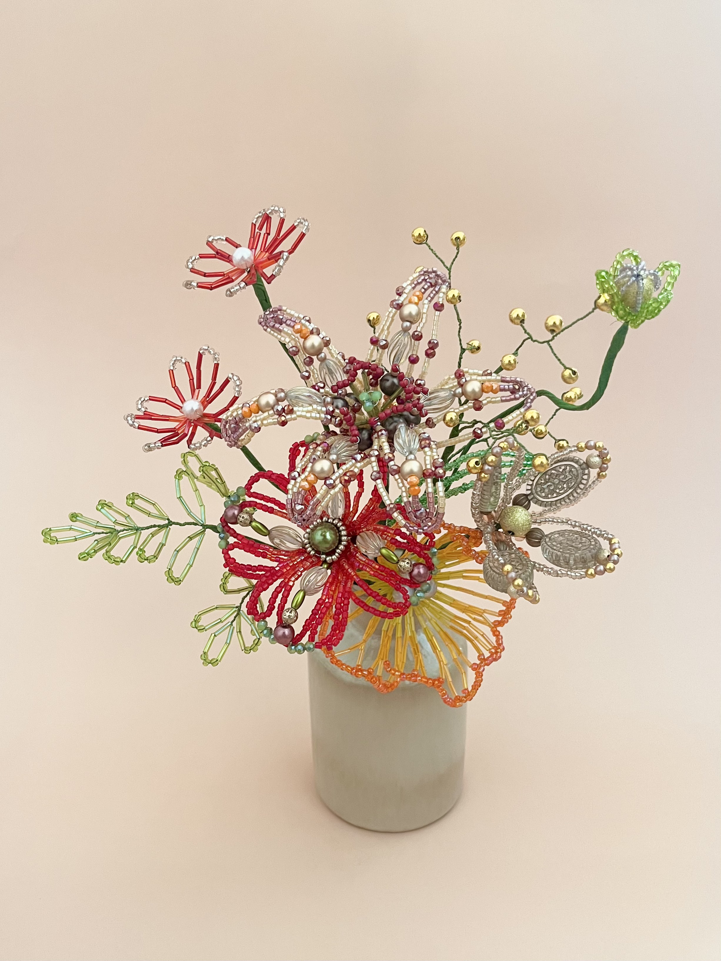 ビーズフラワー ブーケ（レッド／オレンジ／グリーン） アートフラワー