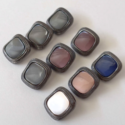 ボタン レトロ 長方形 くすみアリ 茶色 緑  シルバー 裏足 枠付き 19mm×17mm 9個セット eu-122 1枚目の画像