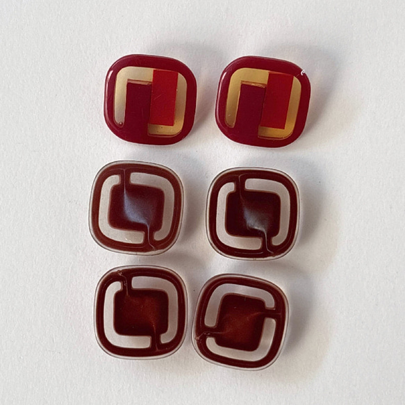 ボタン レトロ 四角 スクエア くすみアリ レッド ブラウン クリア 18mm 6個セット eu-124 1枚目の画像