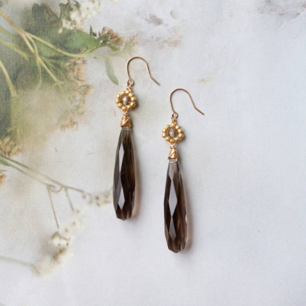 K10YG スモーキークォーツ ロングドロップ ピアス