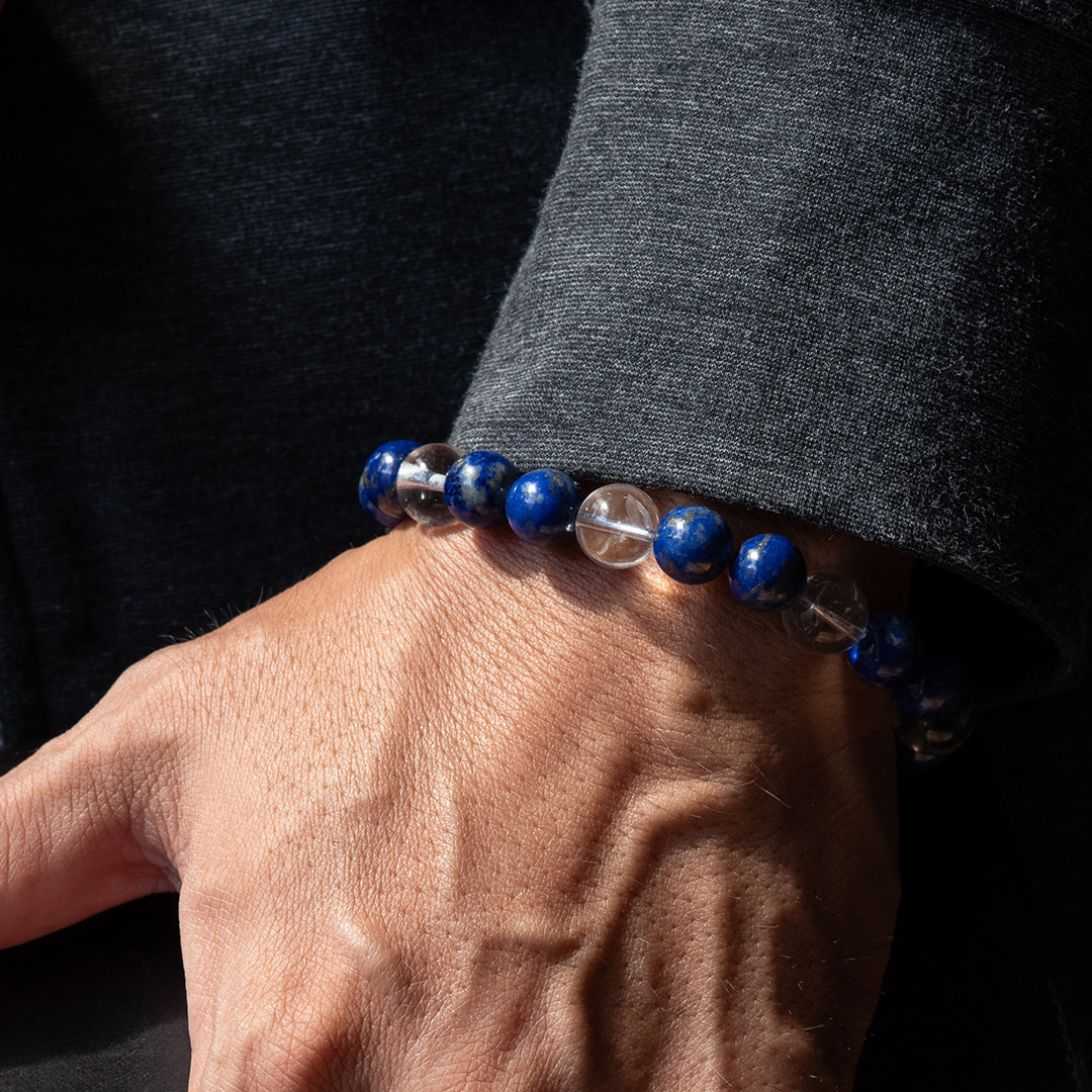 天然石ブレスレット 丸玉10mmラピスラズリとクリスタル 18cm サイズ調整応相談 メンズ レディース mb-020