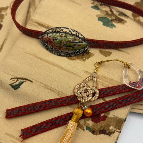 目玉商品】2801半幅帯＆アンティーク帯留め・絹帯締め（三分紐）和装小物