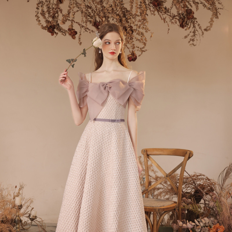 リボン ウェディングドレス パーティー シャンパン ピンク シンプル 韓国風 結婚式 花嫁 前撮り 披露宴 AA066