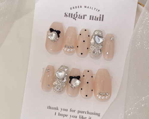 ネイルチップ ワンホン リボン ビジュー 埋め尽くし ネイルチップ ワンホン リボン ビジュー 埋め尽くし ネイルチップ