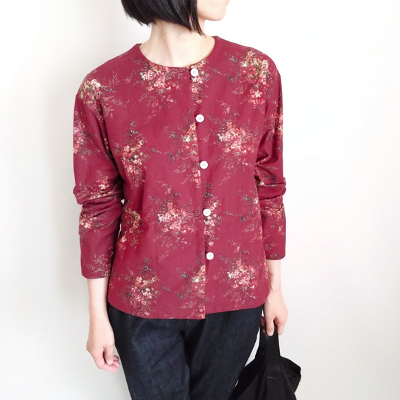 再販！× 6  新型！ ボタニカルコットンの前開きトップ  リングスラブエンジェルソフト加工  ワインレッド 5枚目の画像