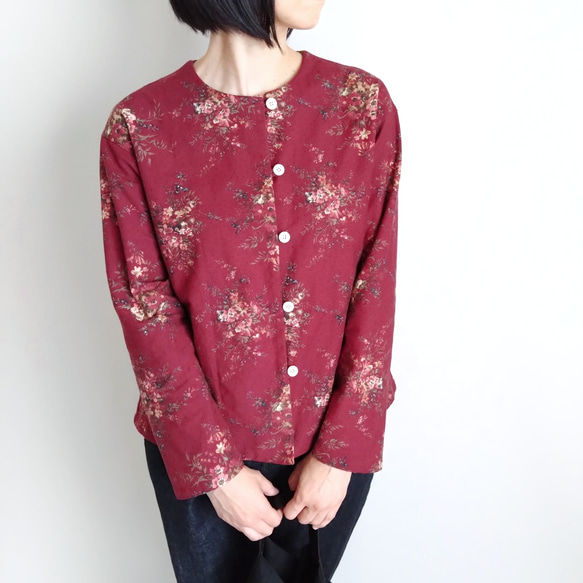 再販！× 6  新型！ ボタニカルコットンの前開きトップ  リングスラブエンジェルソフト加工  ワインレッド 6枚目の画像