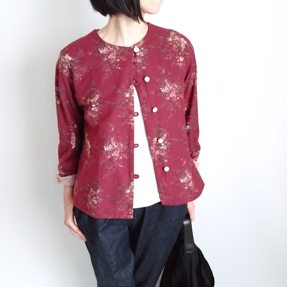 再販！× 6  新型！ ボタニカルコットンの前開きトップ  リングスラブエンジェルソフト加工  ワインレッド 4枚目の画像