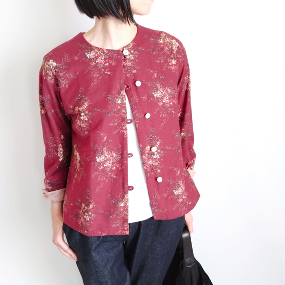 再販！× 6  新型！ ボタニカルコットンの前開きトップ  リングスラブエンジェルソフト加工  ワインレッド 2枚目の画像