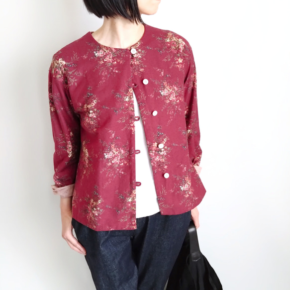 再販！× 6  新型！ ボタニカルコットンの前開きトップ  リングスラブエンジェルソフト加工  ワインレッド 3枚目の画像