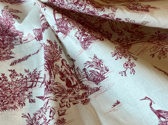 新入荷！フランスより届きました！『トワルドジュイ柄　田園風景～オフホワイト×ワイン～』～135㎝巾×50㎝単位でカット～ 2枚目の画像