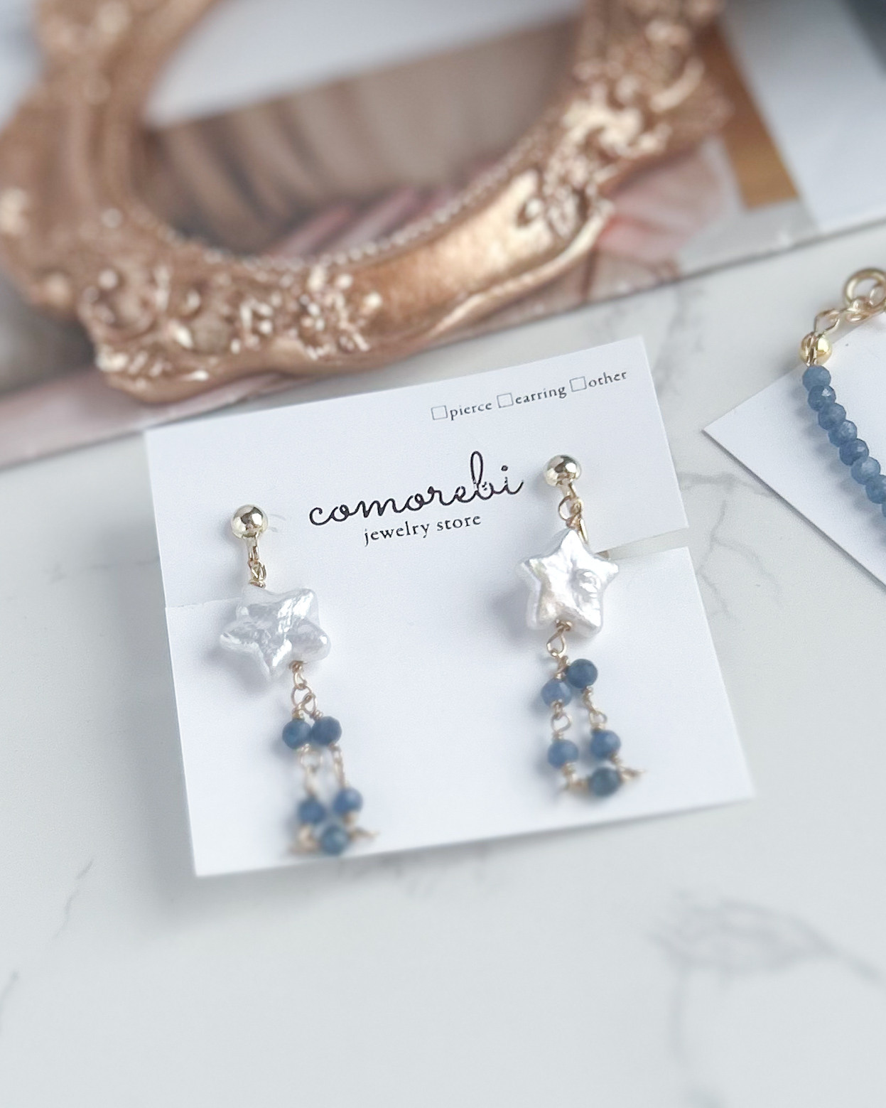 【上質】スターパール　サファイアイヤリング　ステンレスワイヤー　ニッケルフリークリップイヤリング　　金属アレルギー　オフ