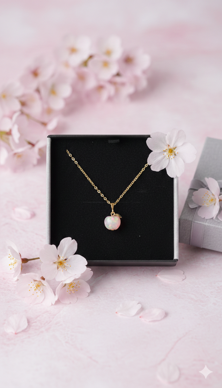 【Jewel Apple】ピンクプレシャスオパールのお守りりんご　ネックレス　金属アレルギー対応　10月誕生石