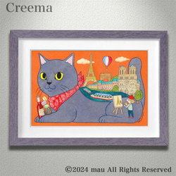 原画「猫の頭に小鳥ブレーメン」ふしぎなねこのアート絵画☆猫と小鳥の