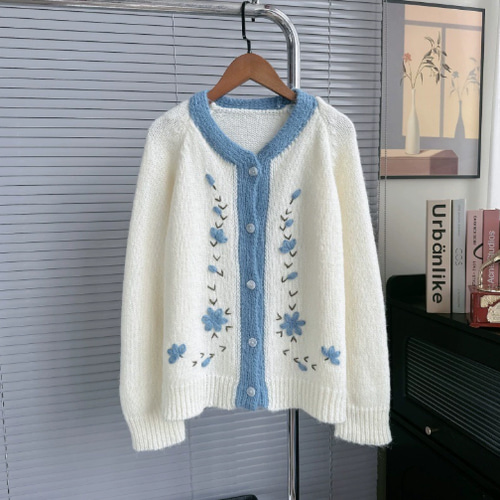 ◉手編みカラーブロック ニットカーディガン レディース オーバー