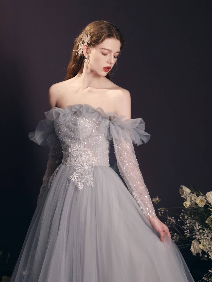 長袖 ウェディングドレス パーティー 青 オフショルダー チュール 韓国風 結婚式 花嫁 前撮り 披露宴 C011