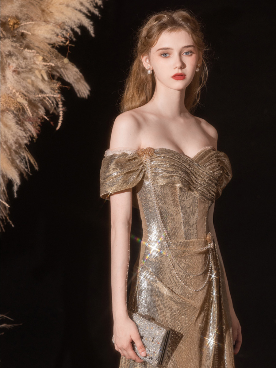 きらきらゴールド マーメイドウェディングドレス オフショルダー 韓国風 結婚式 花嫁 前撮り 披露宴 C037