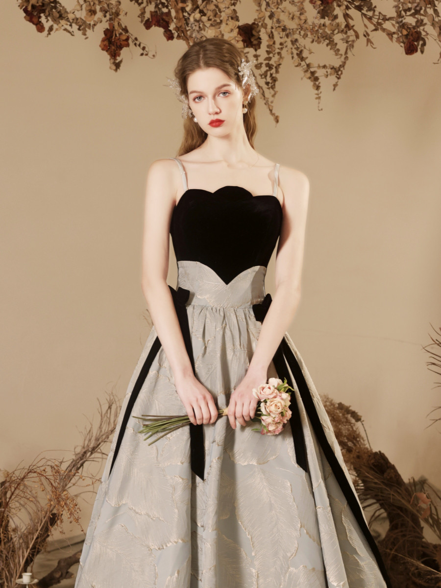 黒青 ウェディングドレス キャミソール サテン/ベロア 韓国風 結婚式 花嫁 前撮り 披露宴 C016