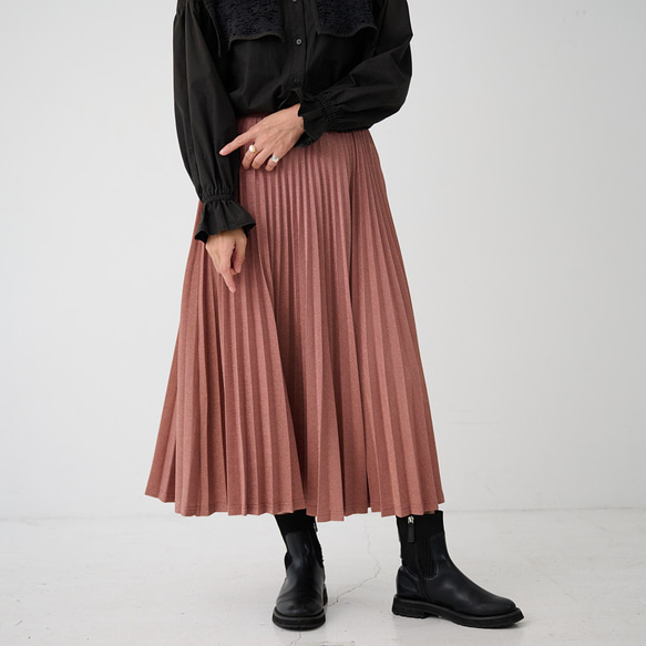 ﾓﾘﾉｶﾞｯｺｳ しっかり厚手素材ラメプリーツスカート（ピンクベージュ）｜mg-sk18-pk 5枚目の画像