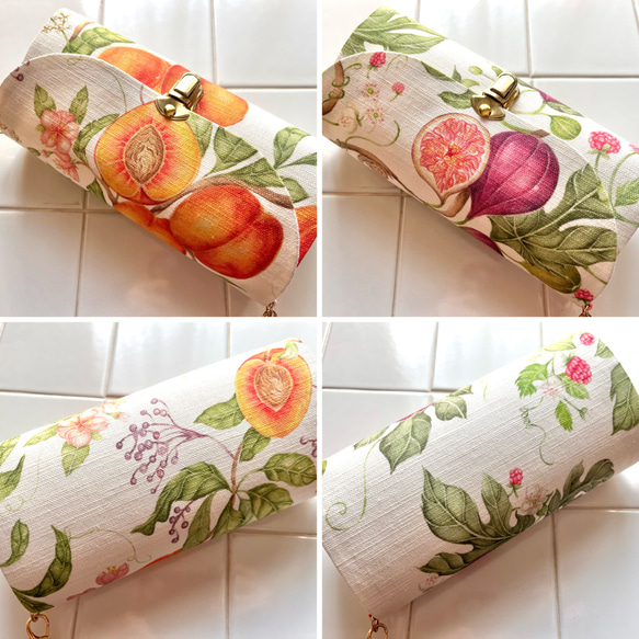 フルーツ2種の軽やかショルダーバッグ イギリス生地 ミニショルダー スマホポシェット 無花果 イチジク 桃 果物 果樹園 6枚目の画像