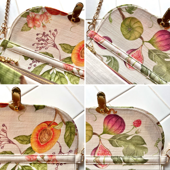 フルーツ2種の軽やかショルダーバッグ イギリス生地 ミニショルダー スマホポシェット 無花果 イチジク 桃 果物 果樹園 8枚目の画像