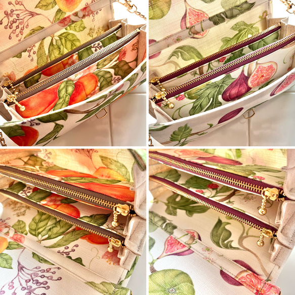 フルーツ2種の軽やかショルダーバッグ イギリス生地 ミニショルダー スマホポシェット 無花果 イチジク 桃 果物 果樹園 10枚目の画像