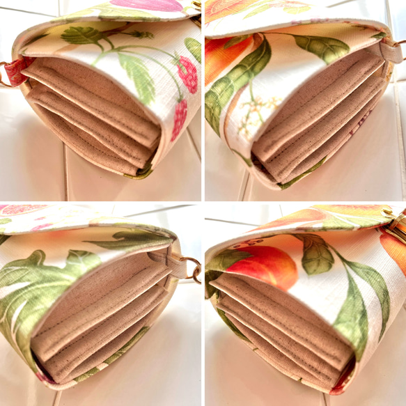 フルーツ2種の軽やかショルダーバッグ イギリス生地 ミニショルダー スマホポシェット 無花果 イチジク 桃 果物 果樹園 12枚目の画像