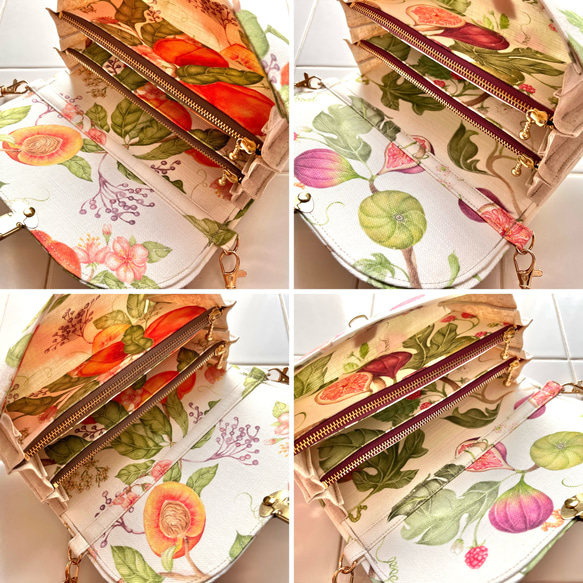 フルーツ2種の軽やかショルダーバッグ イギリス生地 ミニショルダー スマホポシェット 無花果 イチジク 桃 果物 果樹園 9枚目の画像