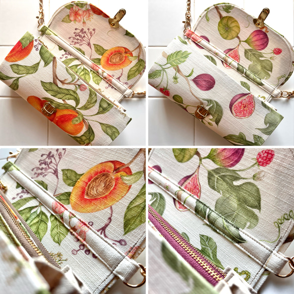 フルーツ2種の軽やかショルダーバッグ イギリス生地 ミニショルダー スマホポシェット 無花果 イチジク 桃 果物 果樹園 7枚目の画像