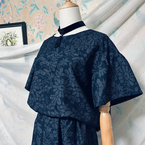 結城紬 黒紺色 セットアップ ギャザースリーブ＆スカート裏地付き 着物