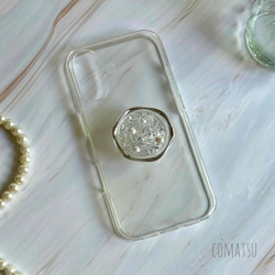 大人ニュアンス仕立て .゜newシリーズ グリップソケット付きスマホケース 銀箔×パール クリアベース スマホカバー 1枚目の画像