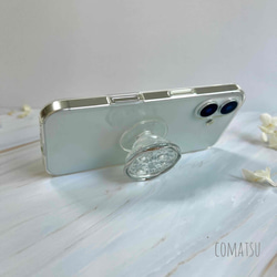 大人ニュアンス仕立て .゜newシリーズ グリップソケット付きスマホケース 銀箔×パール クリアベース スマホカバー 5枚目の画像