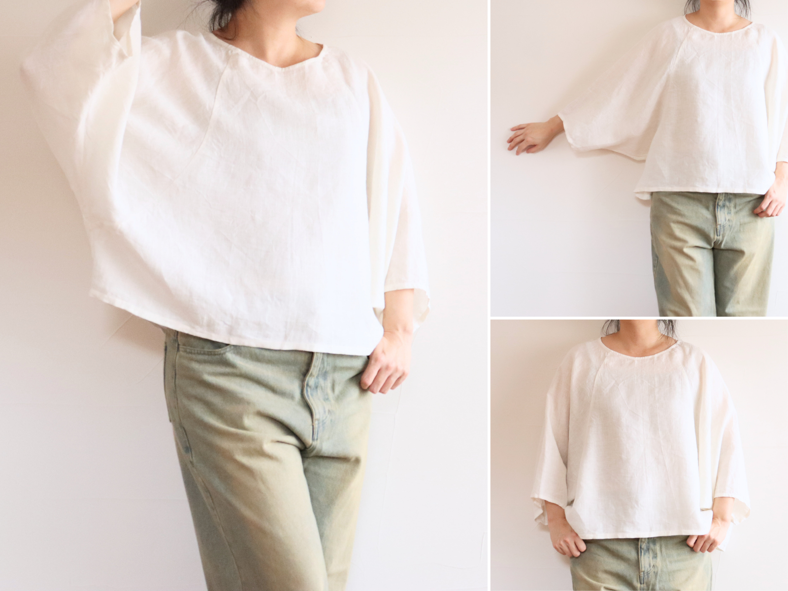 ゆったりドルマン：：おしゃれ見え、体型カバー：：はんぱ袖のプルオーバーブラウス：：ヨーロッパリネン100：●ナチュラル●