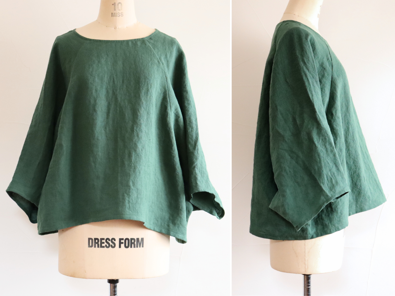 ゆったりドルマン：：体型カバー：：はんぱ袖のプルオーバーブラウス：：リネン100：：別注カラー：●グリーン●