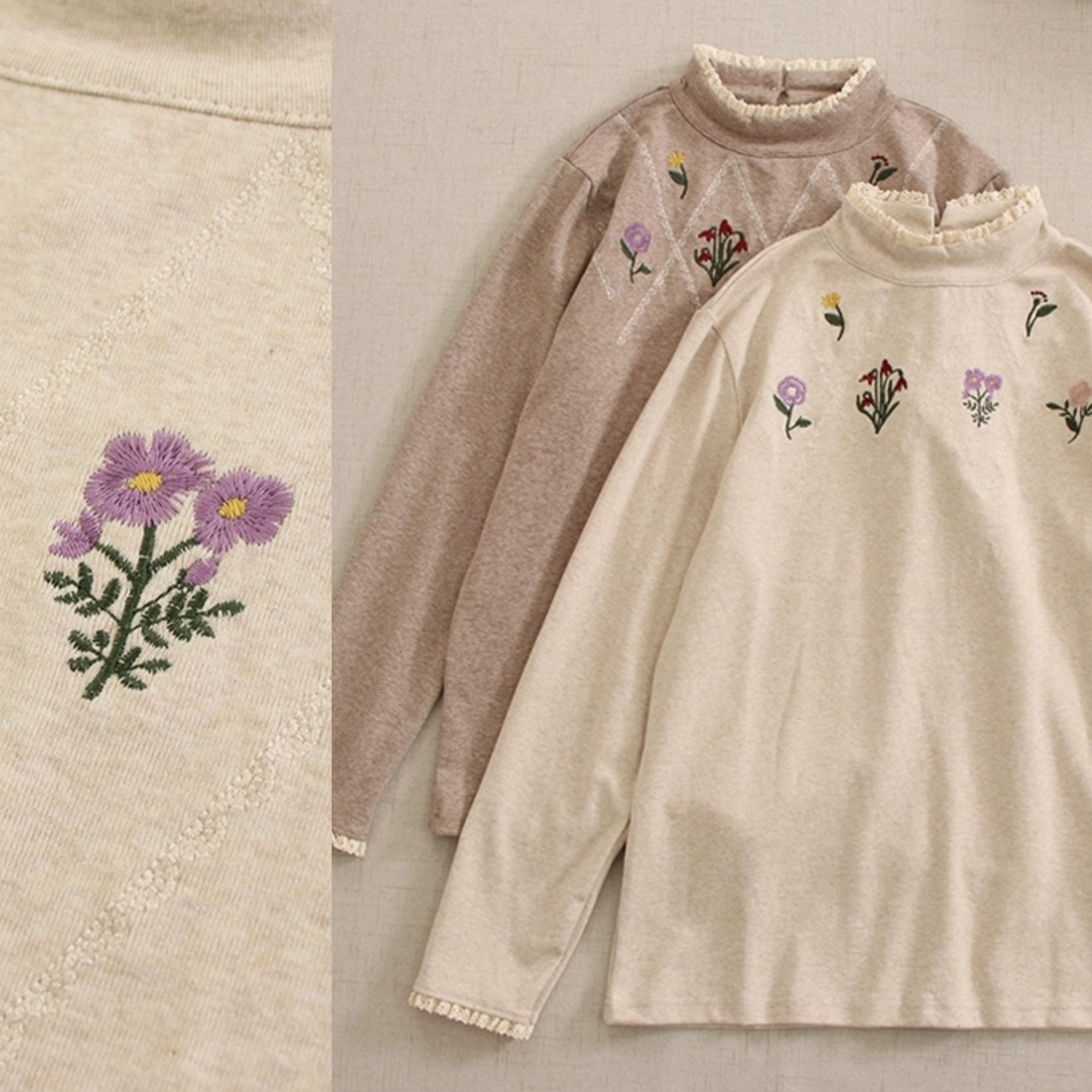 【刺繍カットソー♡ミルクティカラー♡モックネック】森ガールの重ね着│伸縮性│インナー│レトロ感トップス│T-97LB