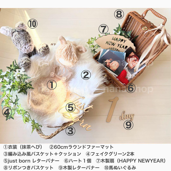 ブラウン馬×バスケット×かごセット♪ニューボーンフォト撮影　出産祝いギフト　月齢 3枚目の画像