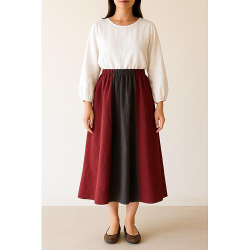 大人かわいいオータムカラーの6枚剥ぎリネンスカート／たっぷりギャザーフレア