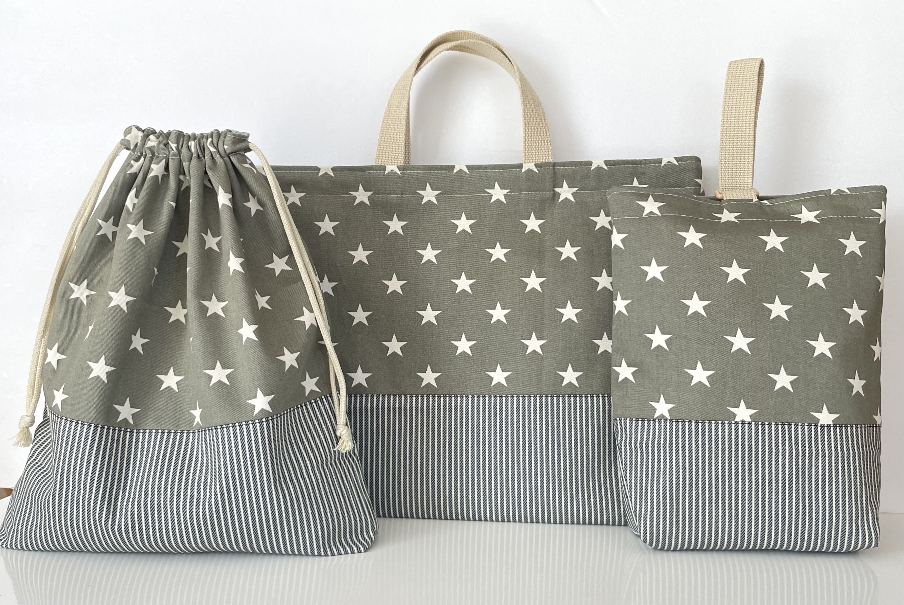 星柄　ライトカーキ☆3点セット　入園入学　お着替え袋　オーダーOK サイズ選べる　ナップサック　シンプル　くすみカラー