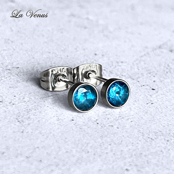 ✴︎つけっぱなしOK✴︎ 天然 ネオンブルーアパタイト ベゼルピアス 4mm 宝石質 サージカルステンレス 両耳用 8枚目の画像