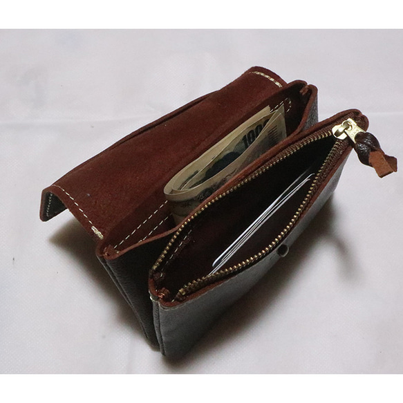 2層のコンパクトな革財布一点ものセール価格/wine 2枚目の画像