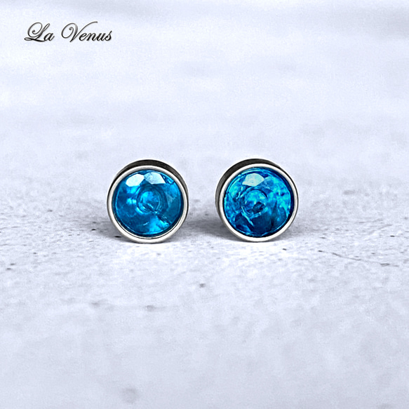 ✴︎つけっぱなしOK✴︎ 天然 ネオンブルーアパタイト ベゼルピアス 4mm 宝石質 サージカルステンレス 片耳用 6枚目の画像
