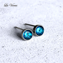 ✴︎つけっぱなしOK✴︎ 天然 ネオンブルーアパタイト ベゼルピアス 4mm 宝石質 サージカルステンレス 片耳用 4枚目の画像