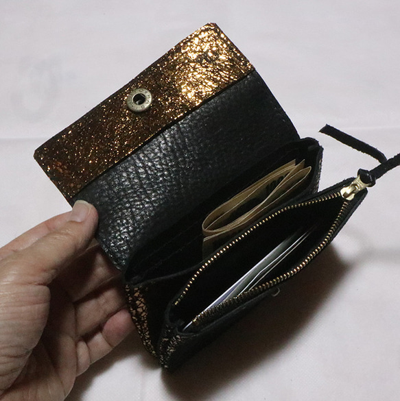 キラキラ本革のコンパクトな革財布一点ものセール価格/kira 2枚目の画像