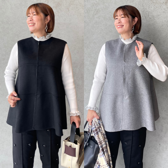 ウール リバーシブルジレ 通勤やフォーマル 着痩せ体型カバーゆったり上品ベスト 黒【フリー】KMC-773 055995 1枚目の画像