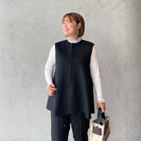 ウール リバーシブルジレ 通勤やフォーマル 着痩せ体型カバーゆったり上品ベスト 黒【フリー】KMC-773 055995 2枚目の画像